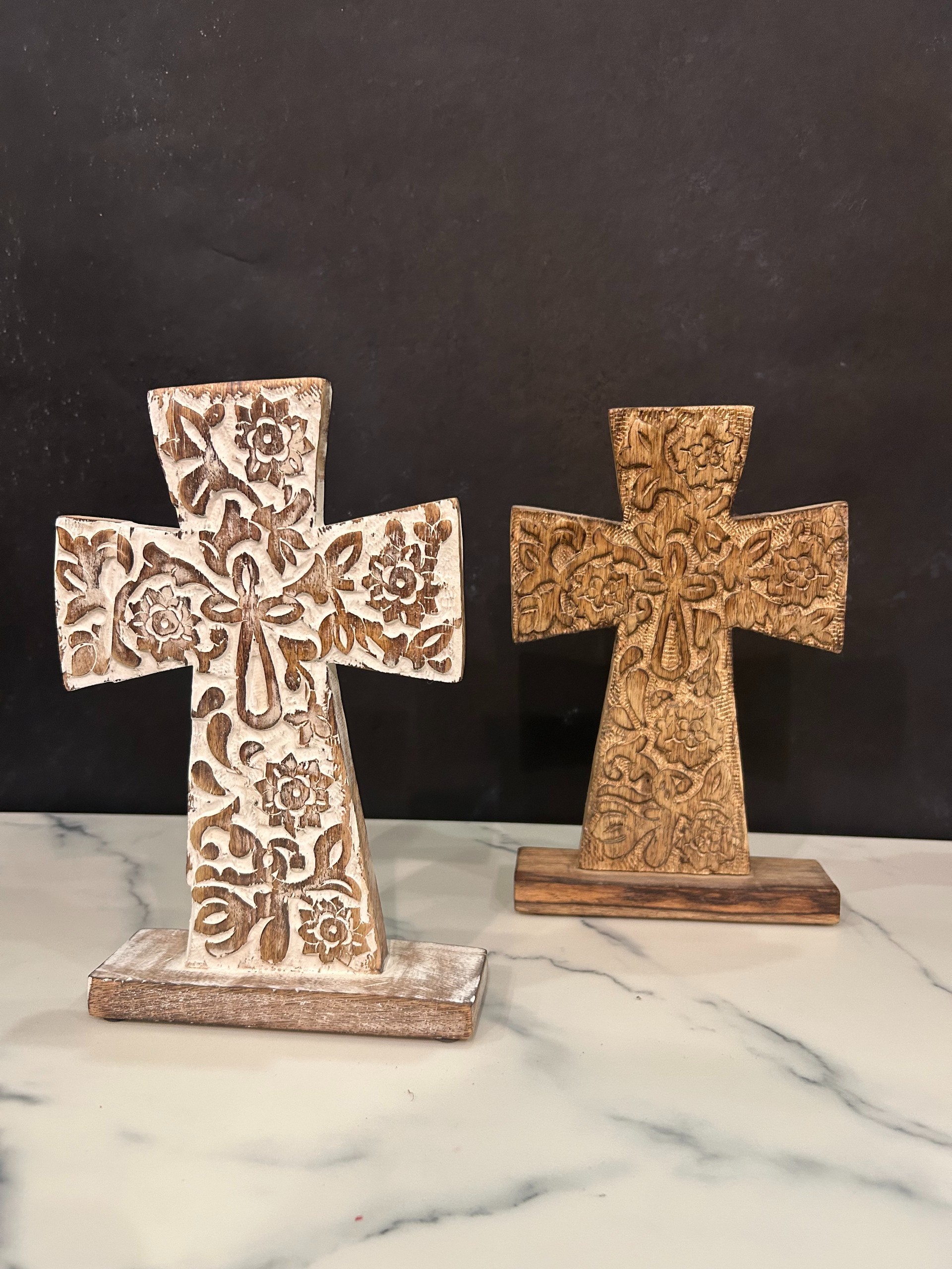 Standing Wood Cross - Carved