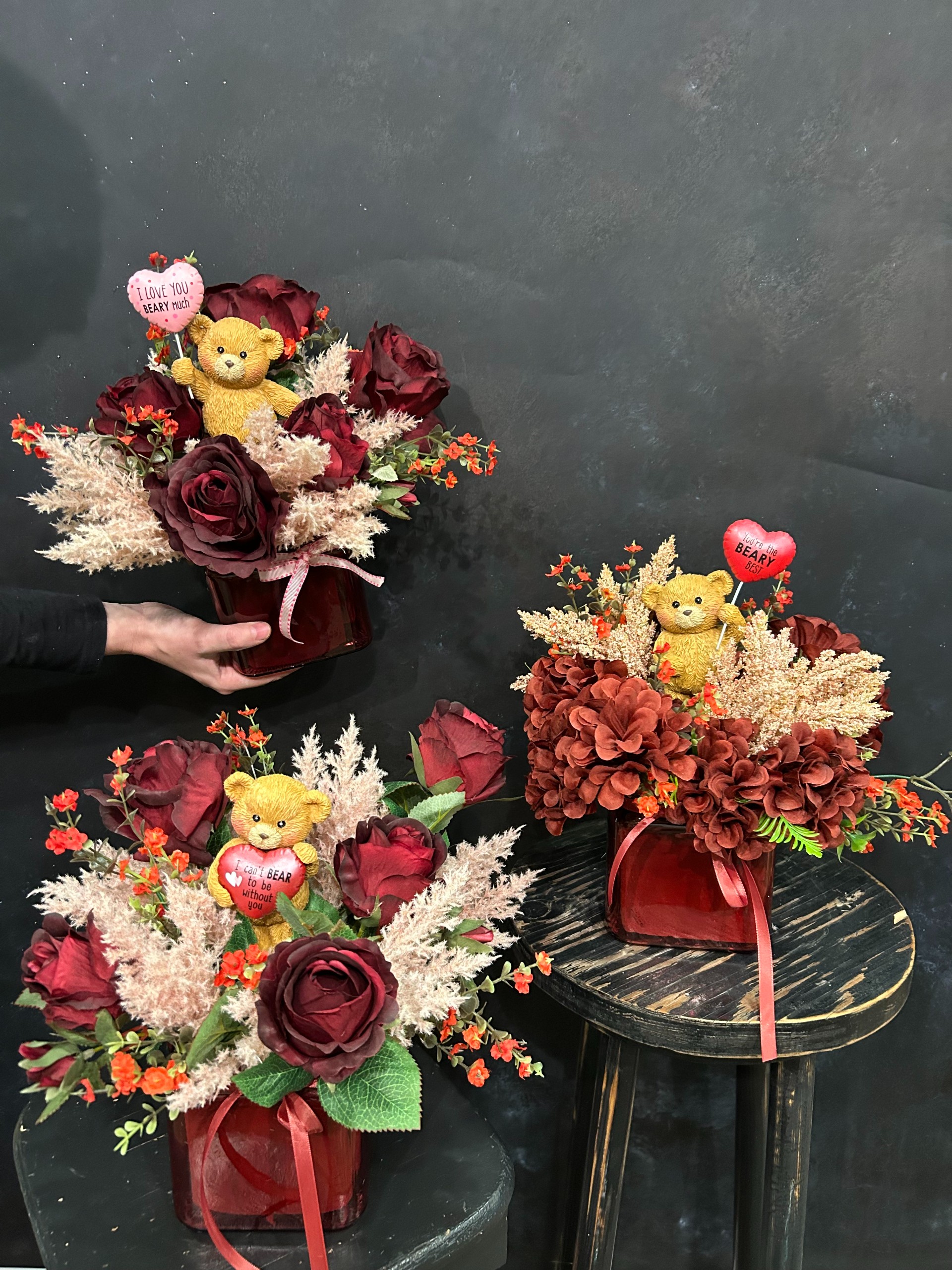 Faux Flower Arrangement w Bear Balloon Figure