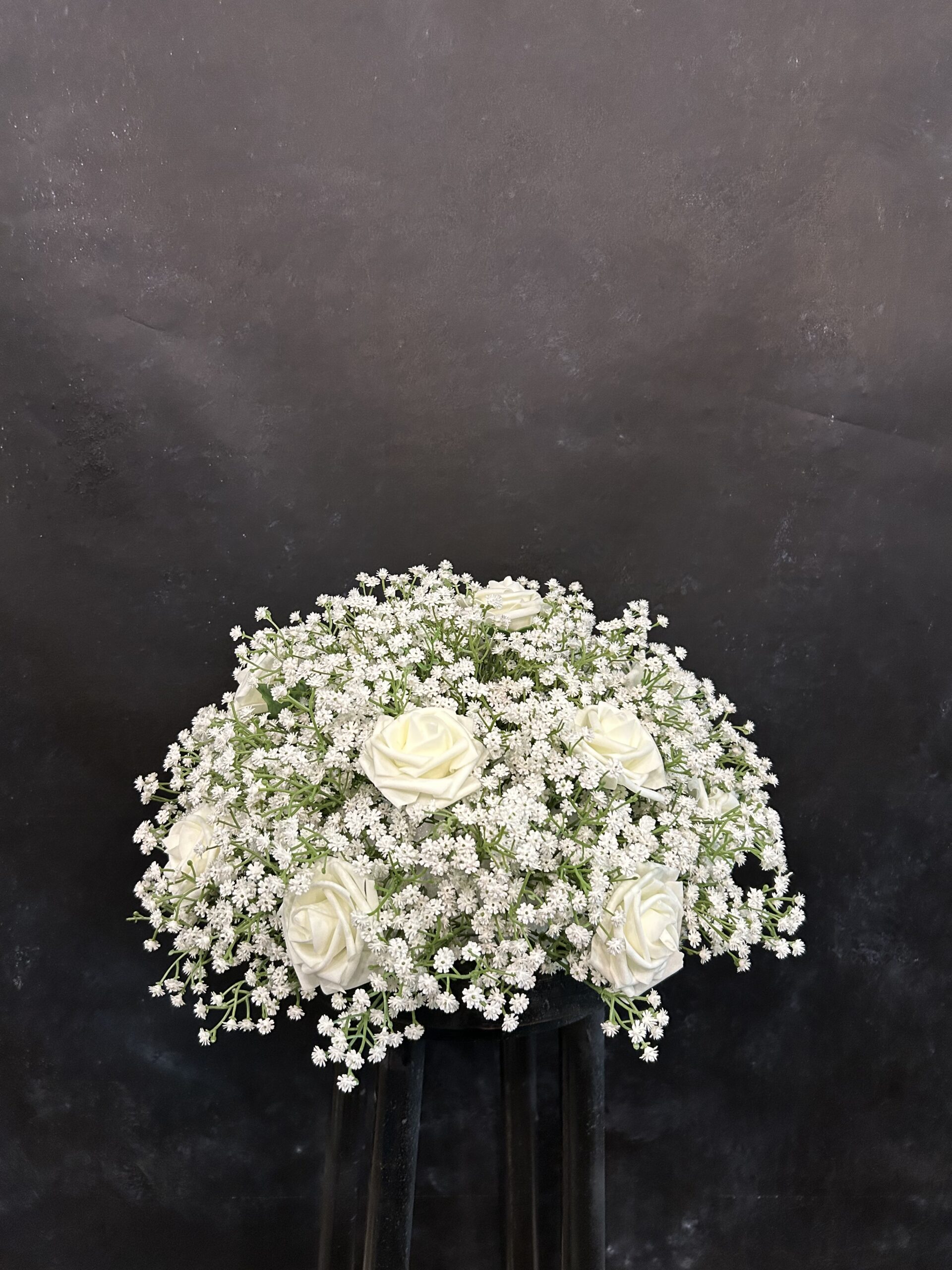 Faux Babies Breath Cloud With White Roses Centerpiece Rental